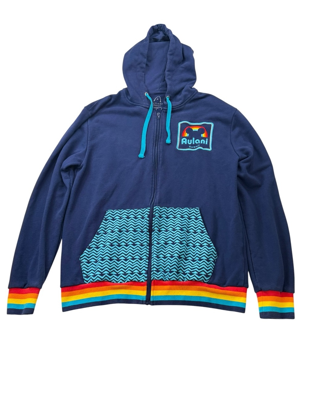 Disney Aulani Hawaii Zip-Up Hoodie Rainbow Trim Blue Size‎ Medium Mens